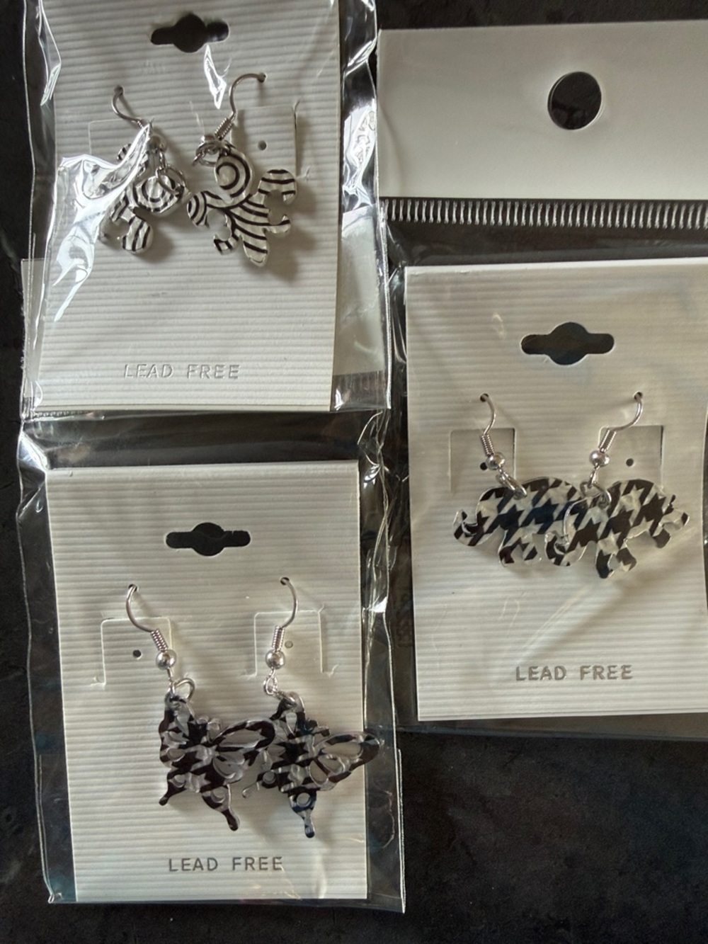 Black & White Patterned Dangle Earrings - Set of 3 Butterfly, Elephant, Clover